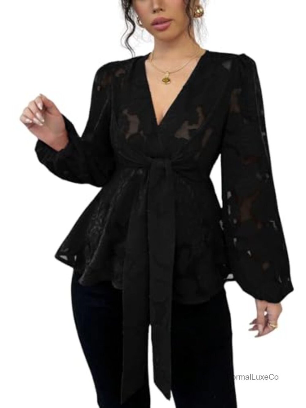 Floerns Women's Floral Lace Lantern Sleeve V Neck Belted Peplum Blouse